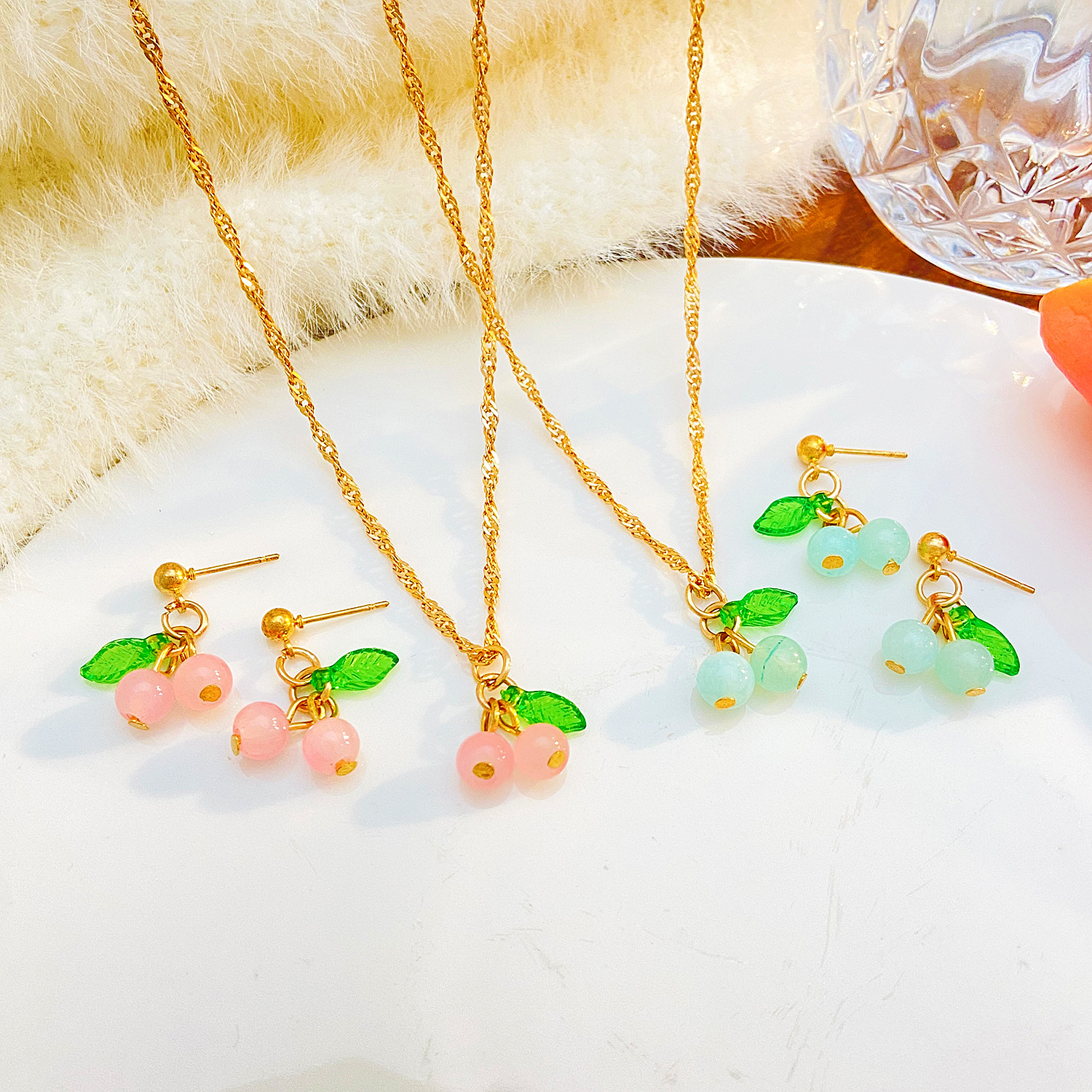Red cherry collarbone chain earrings jewelry set, women's green leaf pink and green cherry pendant necklace earrings accessories Application Scenario