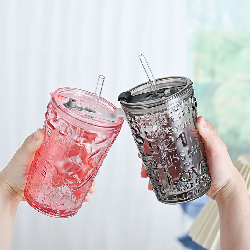 Creative relief glass cups, couple internet-famous water cups, household covered straw cups, high appearance level gift coffee cups wholesale details Picture