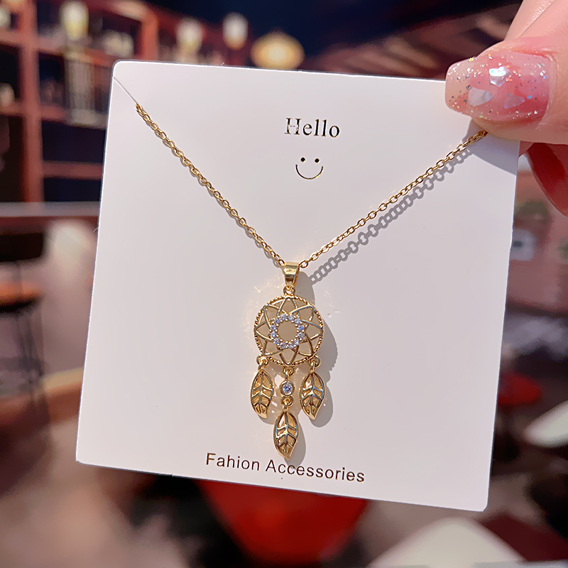 Korean style cat's eye dreamcatcher titanium steel necklace for women, simple and versatile, tassel zircon exquisite design collarbone chain Specification drawing