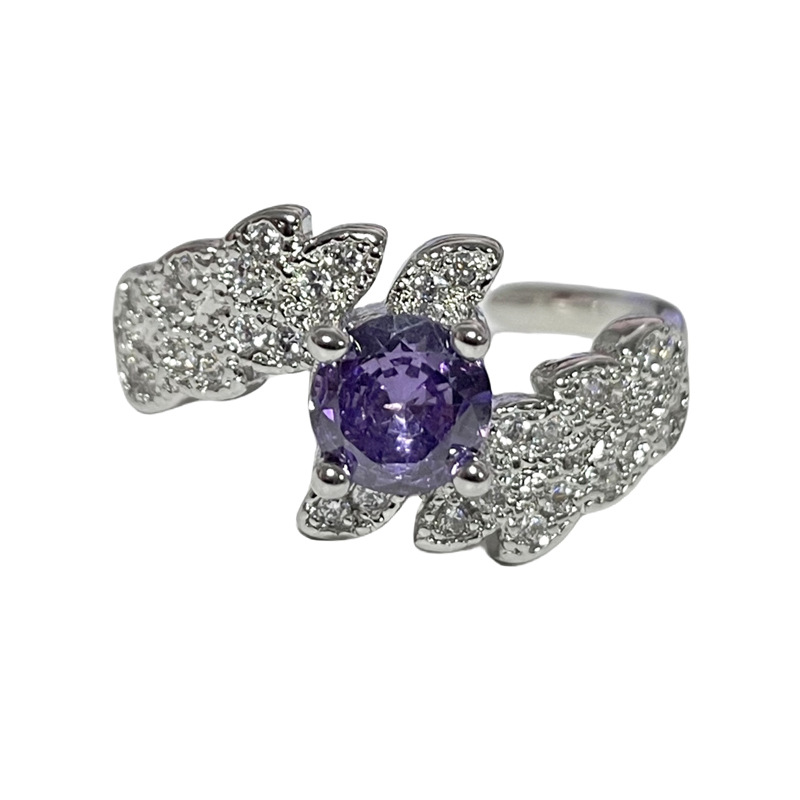 New high-end and elegant purple diamond open ring for women, a light luxury leaf sweet and cool niche cold style exquisite best friend ring Item Picture