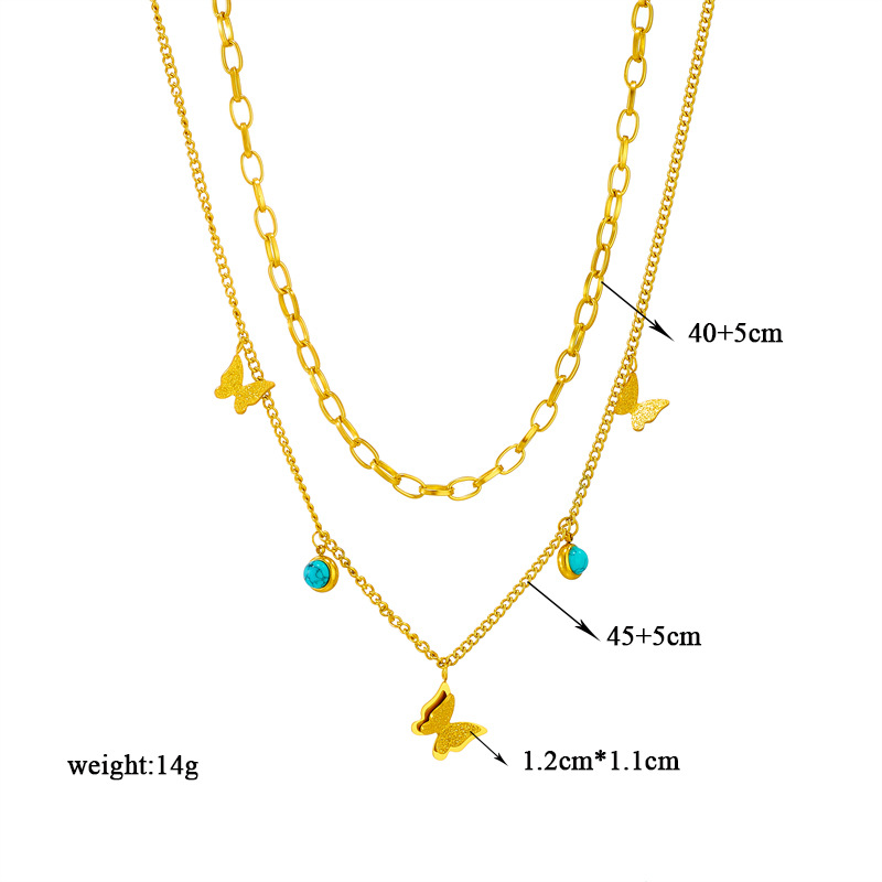 A cross-border fashion and niche double-layer overlapping blue turquoise pendant three-dimensional butterfly titanium steel jewelry necklace from Europe and America Application Scenario