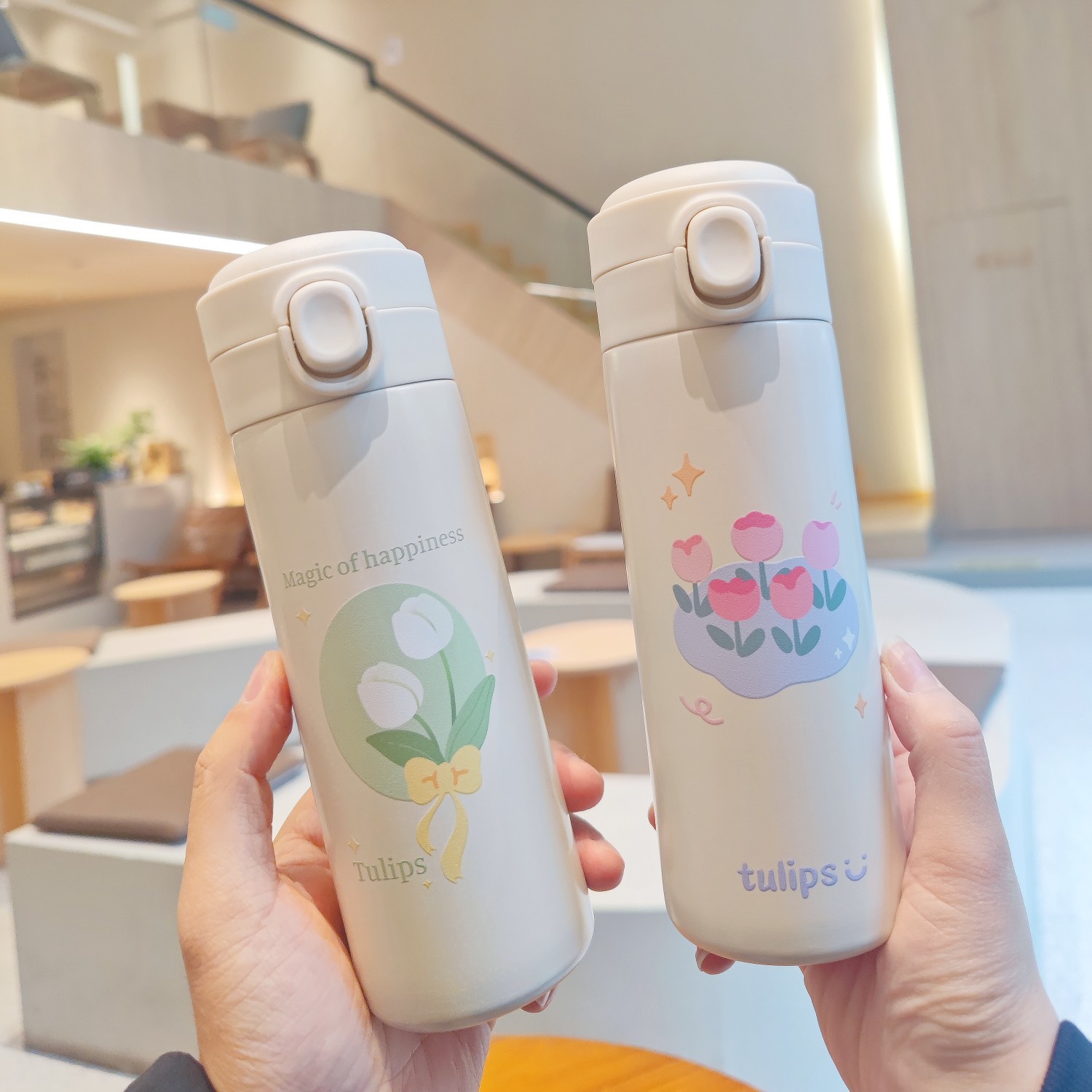 Wholesale of high-appearance-level tulip insulated cups for direct drinking, girls' water cups, student portable spring lid stainless steel ins cups full figure