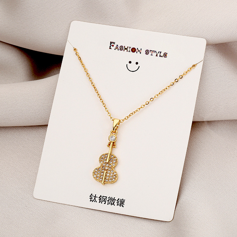New fashionable violin titanium steel necklace, women's unique design sense, diamond-encrusted pendant, internet-famous light luxury niche collarbone chain Specification drawing