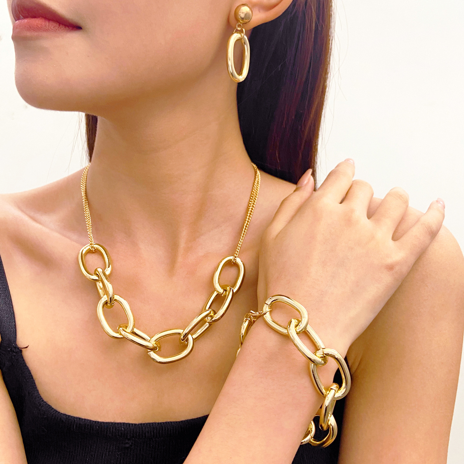Cross-border new thick chain jewelry set ins style Europe and America simple chain necklace set punk hip hop jewelry full figure