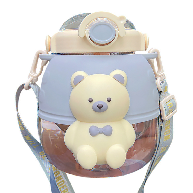 Little bear figurine plastic cup, cute large-capacity children's water bottle, portable hand-held, adorable girl student straw cup Item Picture