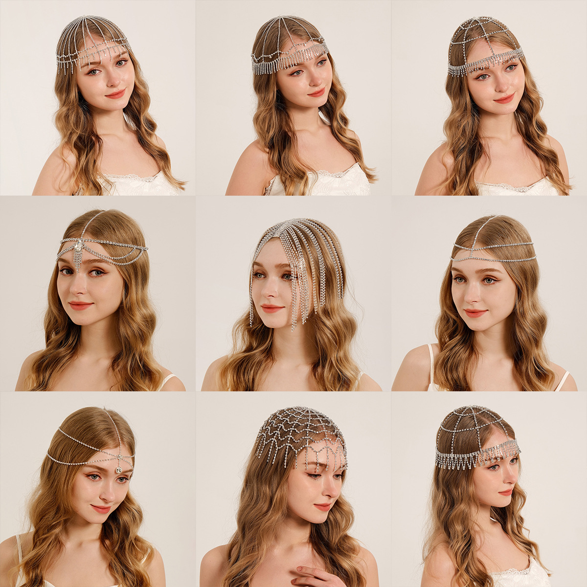 European and American fashionable and personalized ball hair accessories, light luxury water diamond eyebrow center pendant hair band, exaggerated multi-layer layering, elegant styled hair chain full figure