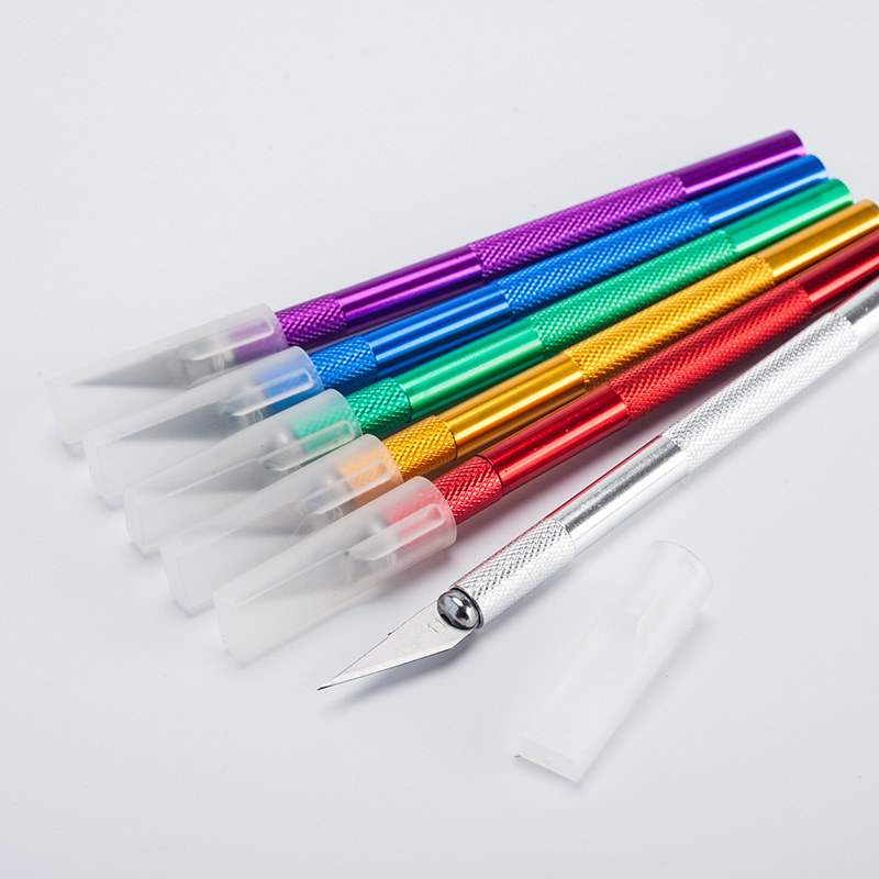 Wholesale hand-held aluminum alloy colored utility knives, journal model engraving knives, paper-cutting, wooden rubber stamps, and metal engraving knives Specification drawing