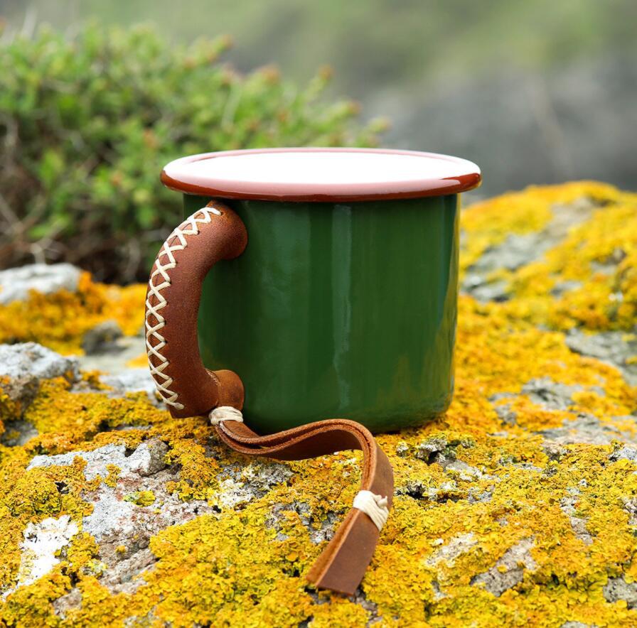 350ml enamel cup in stock, thickened enamel coffee cup for export, 8cm ins retro enamel cup with leather case Item Picture