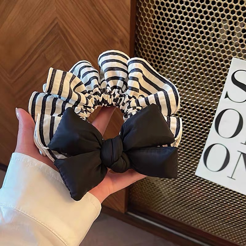 Dongdaemun's new lemon-yellow bow large intestine hair tie is a versatile striped and cute girlish hair tie accessory Specification drawing