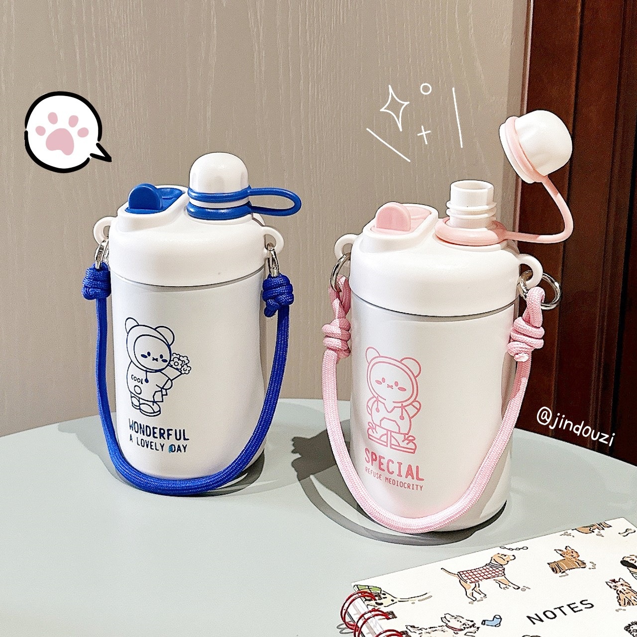 Cartoon hand-held thermos cup, astronaut cute stainless steel straw cup, student portable, high appearance level lifting rope cup Application Scenario