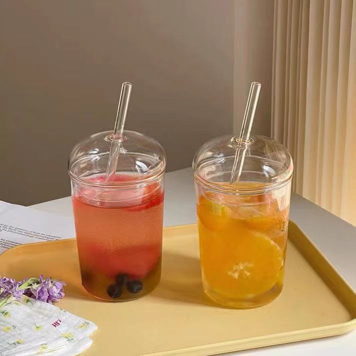 Simple ins large-capacity water cup, glass straw cup with lid, juice drink cup, heat-resistant high borosilicate coffee cup Specification drawing