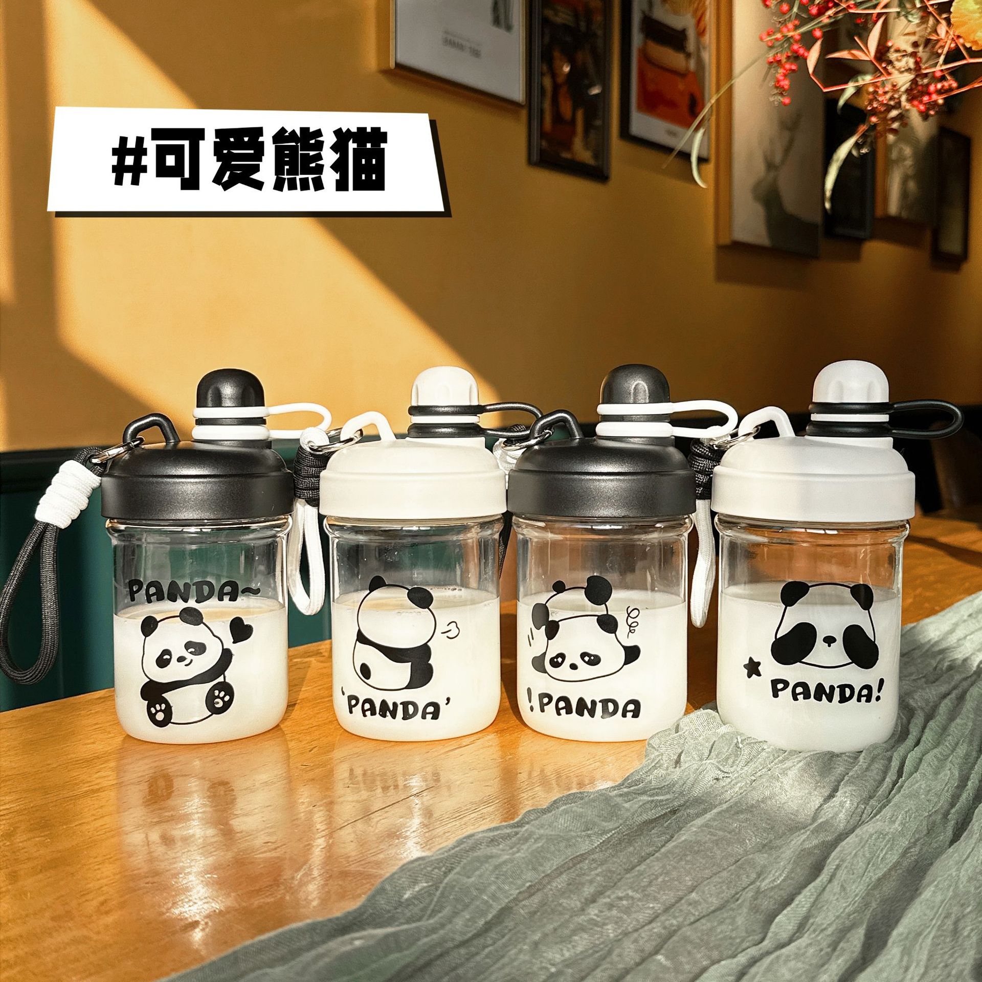 Cute panda water cups, adorable cartoon style, high appearance level student cups, portable direct drinking, anti-drop children's plastic cups wholesale details Picture