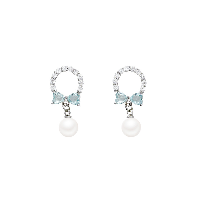 Delicate diamond-encrusted light blue bow stud earrings, feminine personality and charm, full circle diamonds, pearl tassels, cool earrings Item Picture