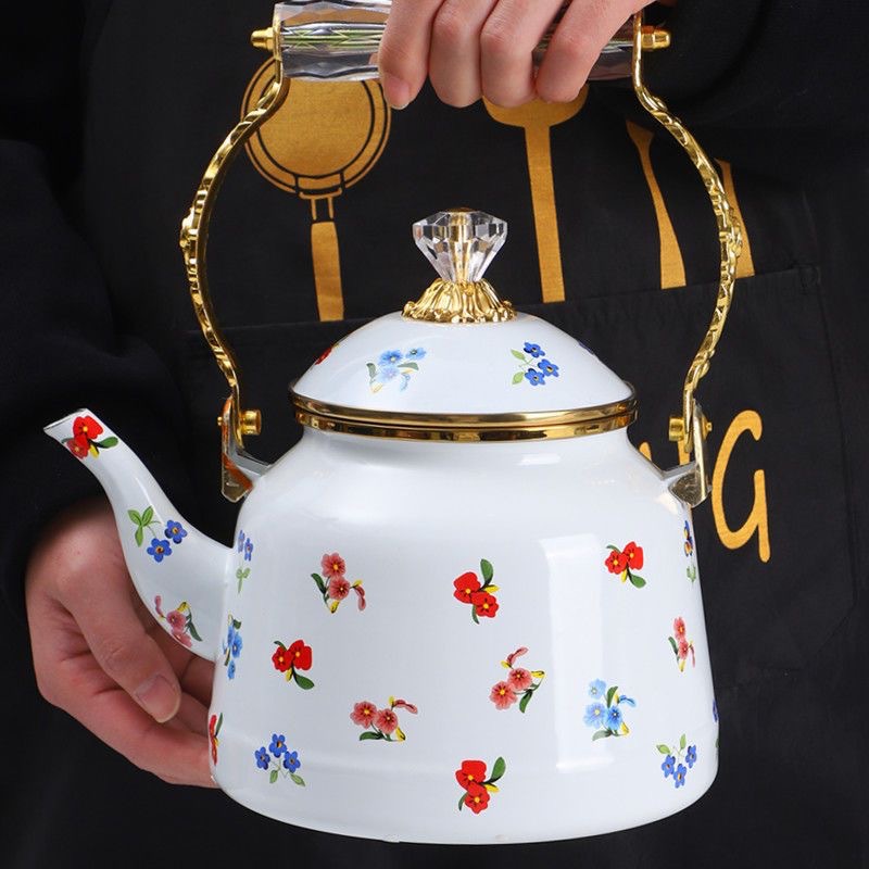 New high-end enamel tea and coffee brewing kettle with gold edge, featuring a mother and child pot, enamel pot, and electric stove Specification drawing