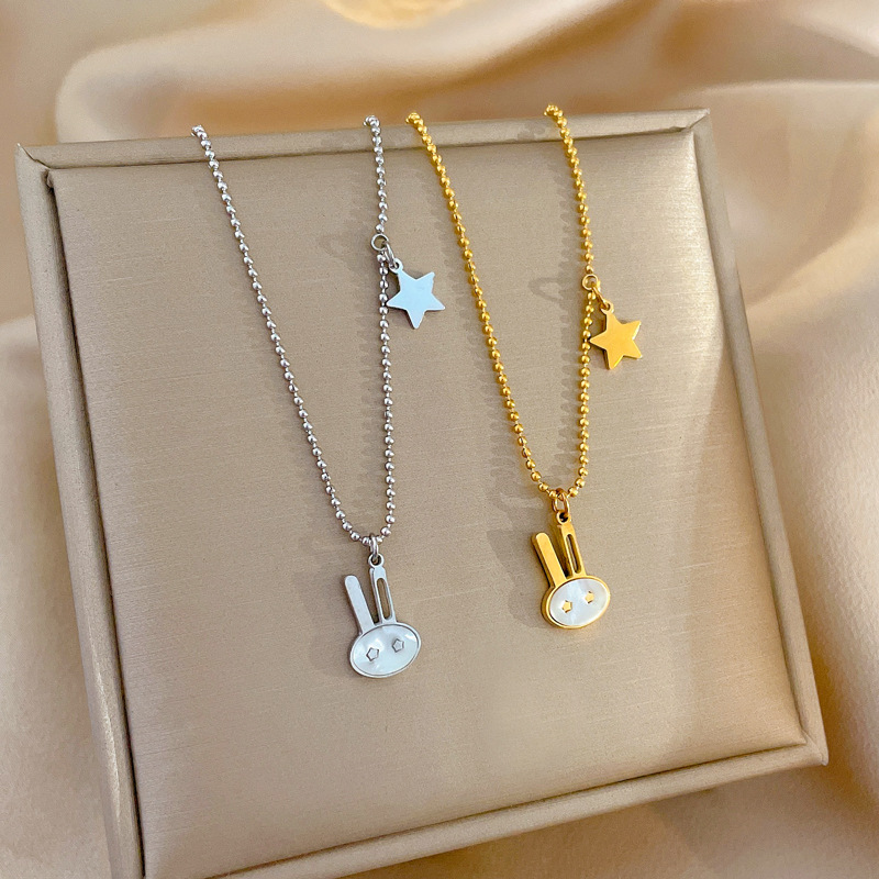 【 All-titanium Steel 】 Mother-of-pearl Rabbit minimalist style furnace real gold necklace, female Instagram influencer collarbone chain accessory Specification drawing