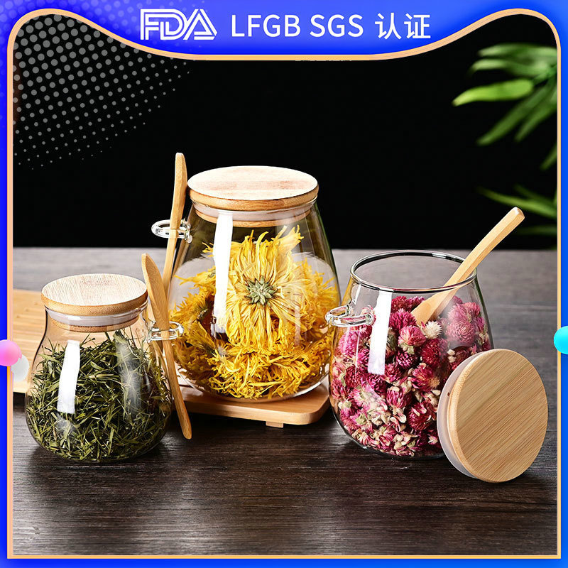 Glass tea canister with spoon flower tea canister, household small tea canister for tea storage, sealed tea canister for grains and cereals full figure