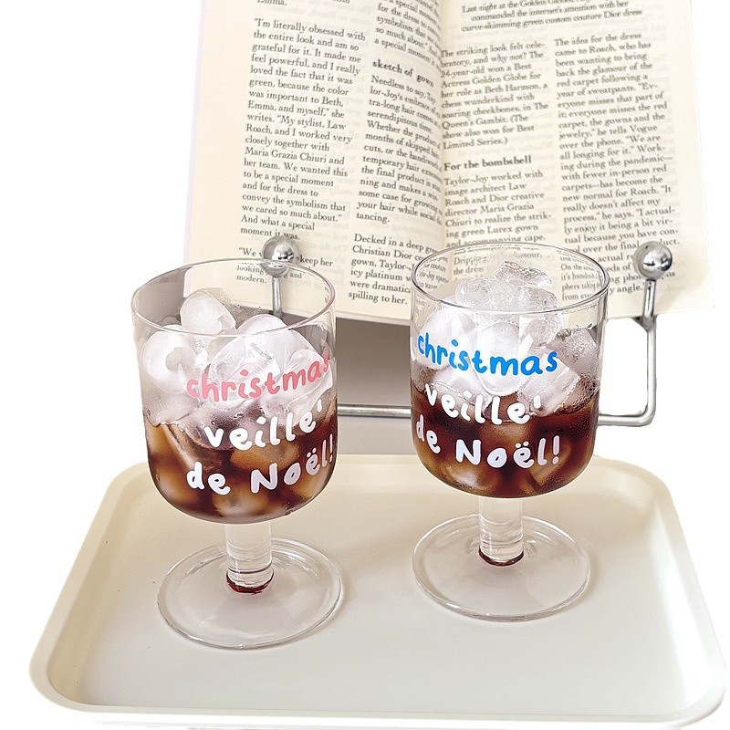 Cross-border homemade Ins-style tall glass Christmas-themed English glass, juice glass, red wine glass, breakfast glass Item Picture