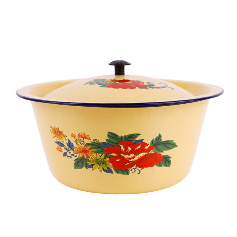 Enamel cake basin, enamel lard jar and noodle basin, enamel lid basin, bowl basin, yellow basin with lid, soup basin, the same style as the Internet celebrities Item Picture