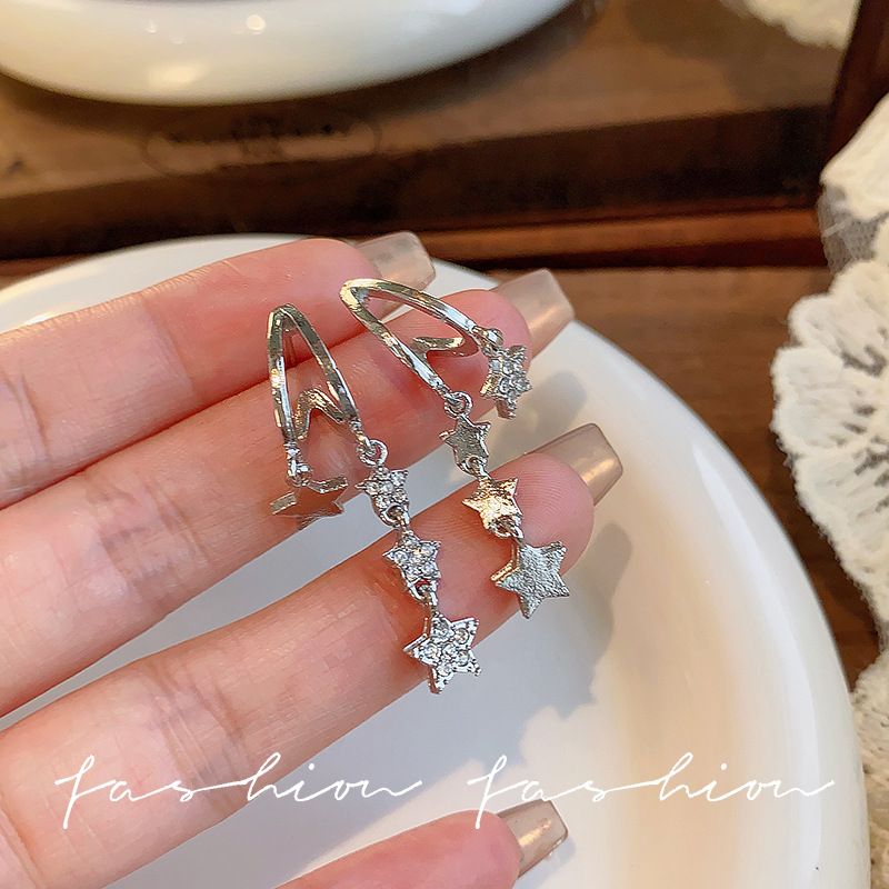 Sparkling Diamond Five-pointed star tassel earrings for women, new 2025 bestseller, niche design, dynamic stud earrings, star earrings details Picture