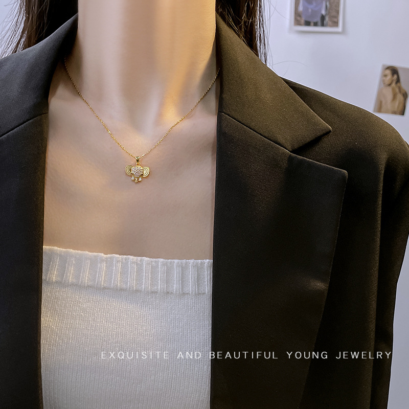 Korean style, light luxury, auspicious little elephant pendant, titanium steel necklace, women's niche design sense, versatile collarbone chain accessory details Picture