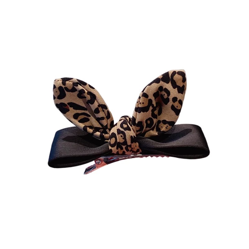 French leopard print rabbit ear hairpins for women, one-line bangs top clip, Korean broken hair side clip, popular hairpin headwear Item Picture
