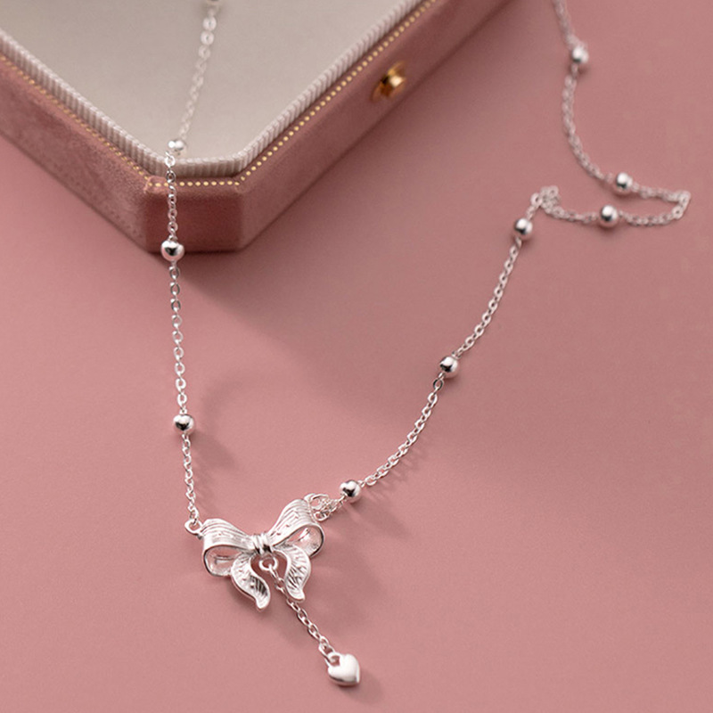 High-end bow heart design silver necklace, light luxury 2023 new style, popular French necklace, high-end collarbone chain Specification drawing