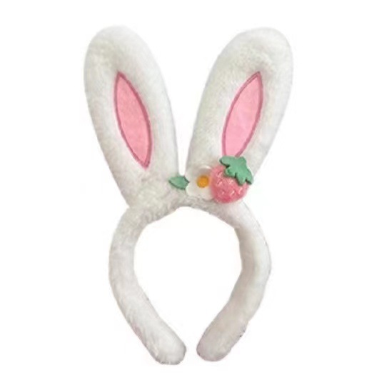Cute strawberry flower rabbit ear hair band, women's winter plush hair pressure headband, children's hair tie, hair clip headwear Item Picture