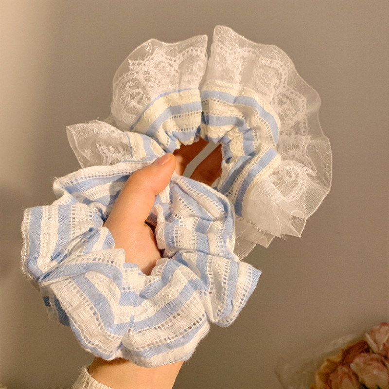 Lace, striped large intestine circle, chic blue hair tie, bun hair tie, hair band, ponytail, leather band hair accessory full figure