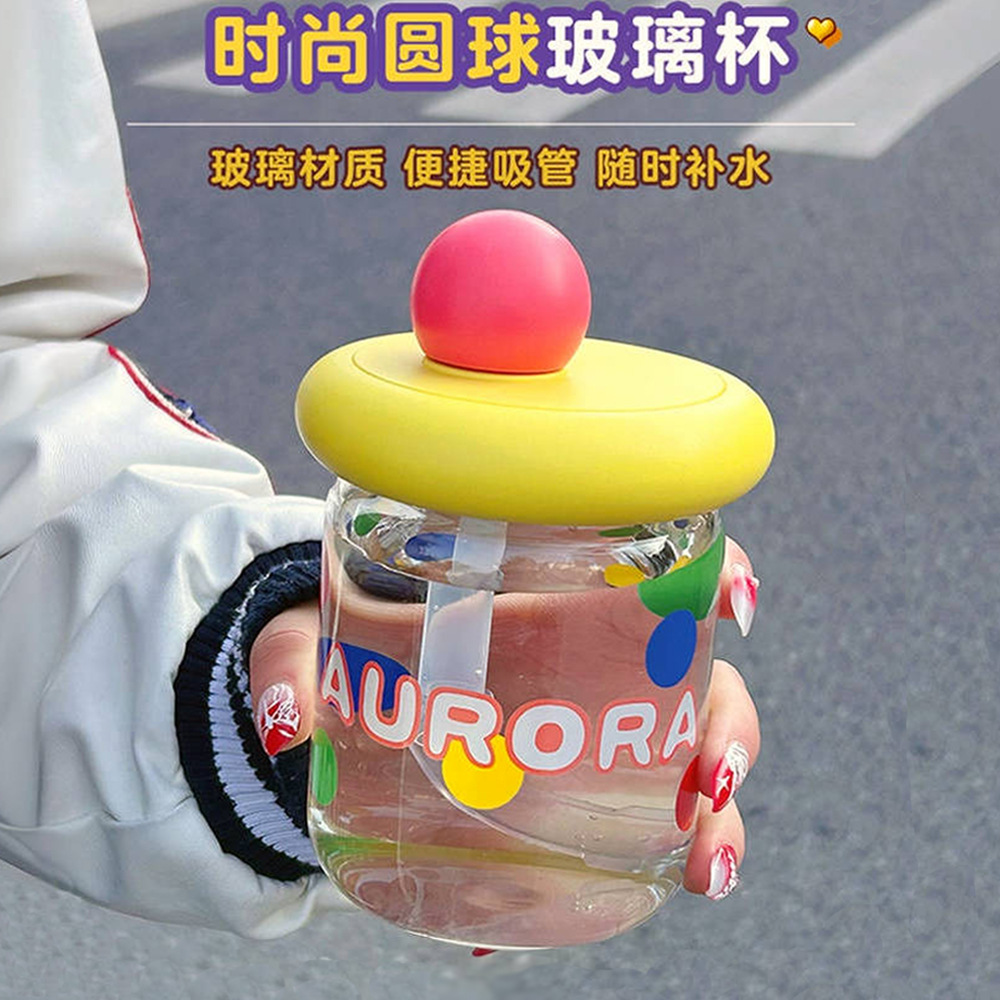 Cute and small glass cup, high appearance level, covered office straw cup, fashionable and simple, student home creative water cup full figure