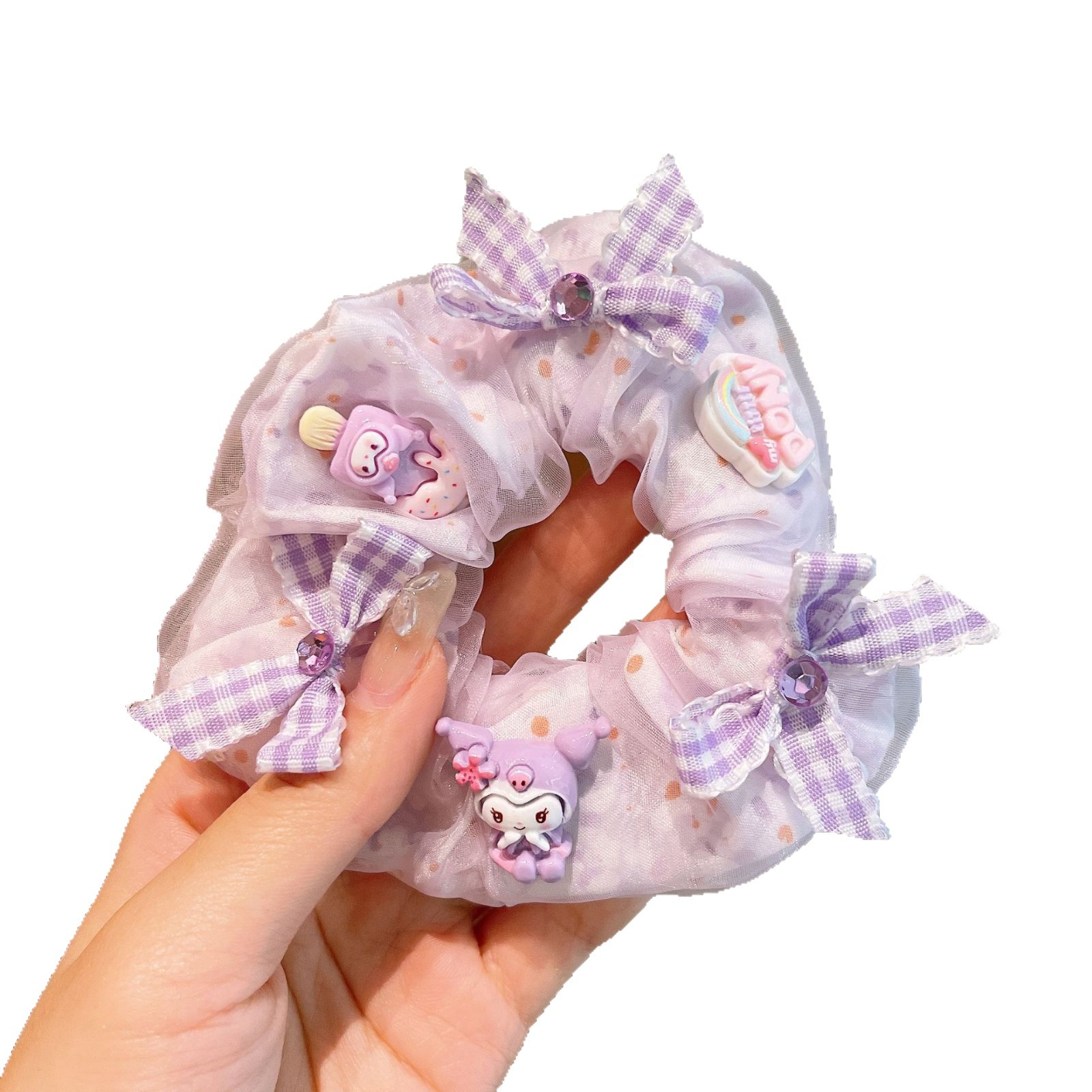 The cute Kuromi hair band for children's large intestine is not harmful to girls' hair and has good elasticity. It can be used as a ponytail headwear or hair tie for babies Item Picture