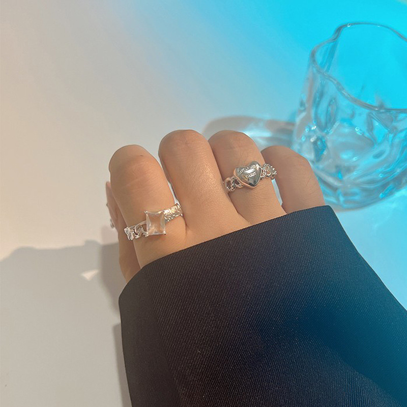 Cold style heart-shaped plain ring square zircon open ring for women's Instagram niche design simple and individual style ring details Picture