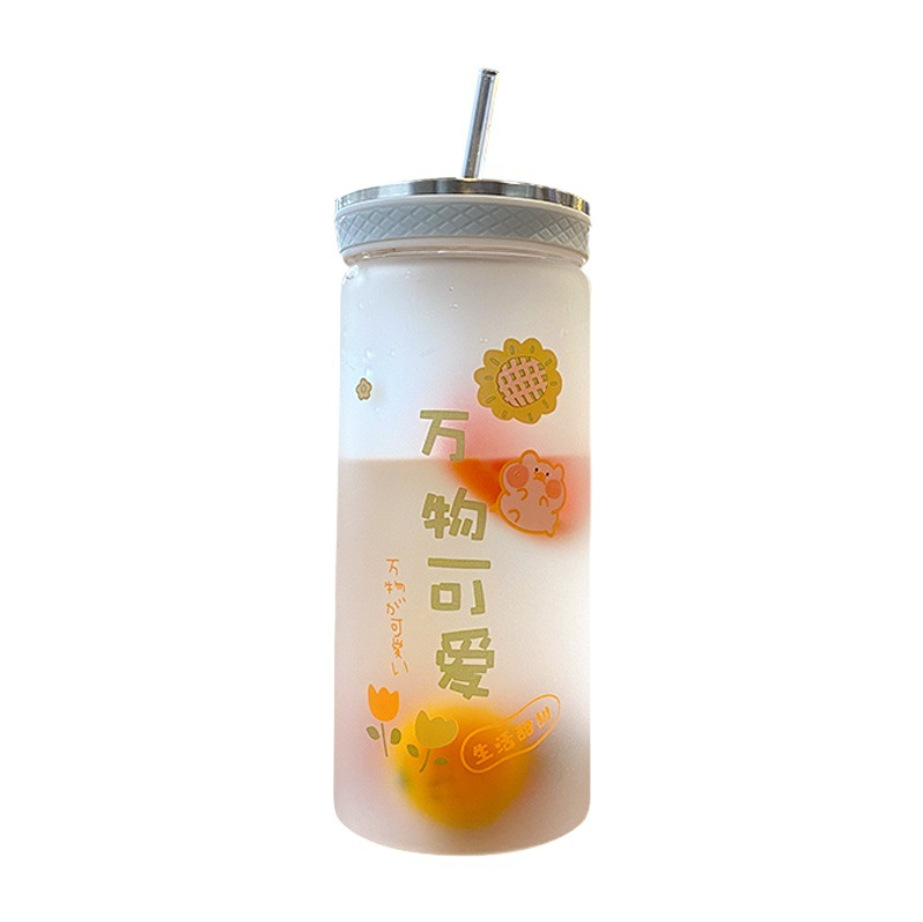 Lucky word water cup for girls, Korean version, small and cute straw cup, student, high appearance level, portable frosted glass cup Item Picture