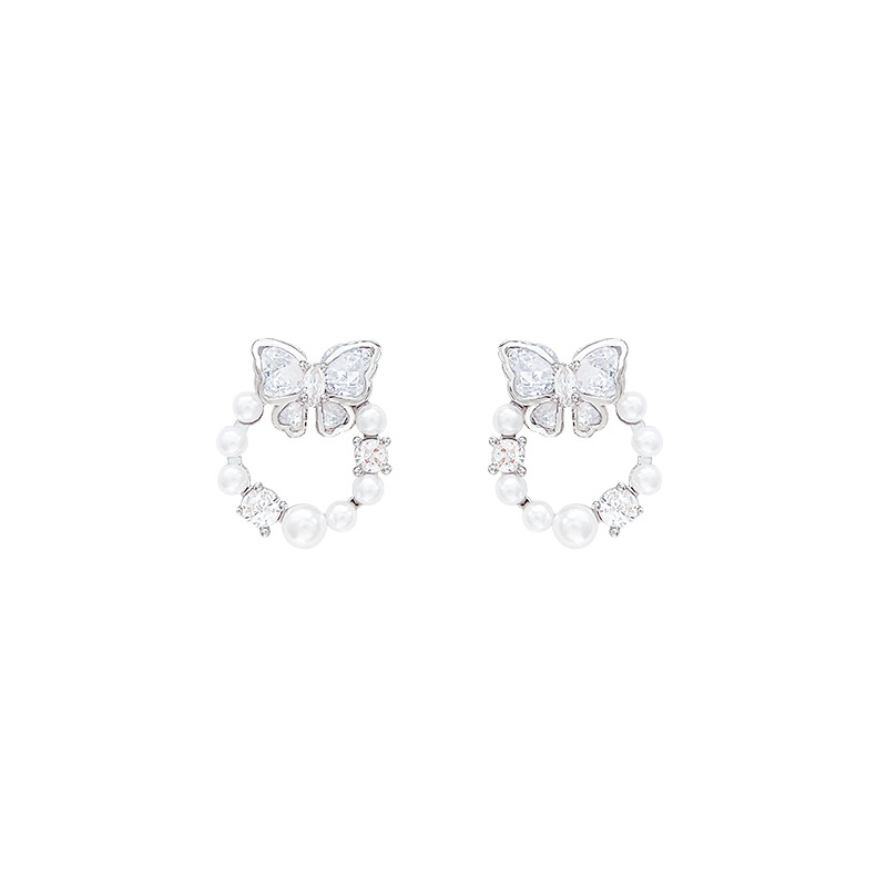 Korean diamond-encrusted butterfly pearl stud earrings for women's autumn and winter, simple and elegant, versatile earrings, sweet girl earrings wholesale Item Picture