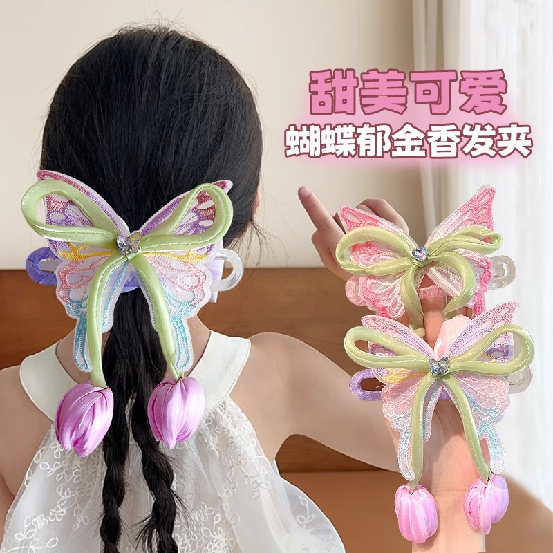 The new children's super fairy tulip butterfly hairpin, the back of the head ponytail clip, the girl princess hair accessory, is very stylish full figure
