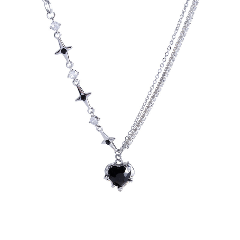 Sweet, cool, versatile and elegant, heart-shaped tassel zircon necklace, a niche design for women with a sense of high-end, double-layer cross collarbone chain Item Picture