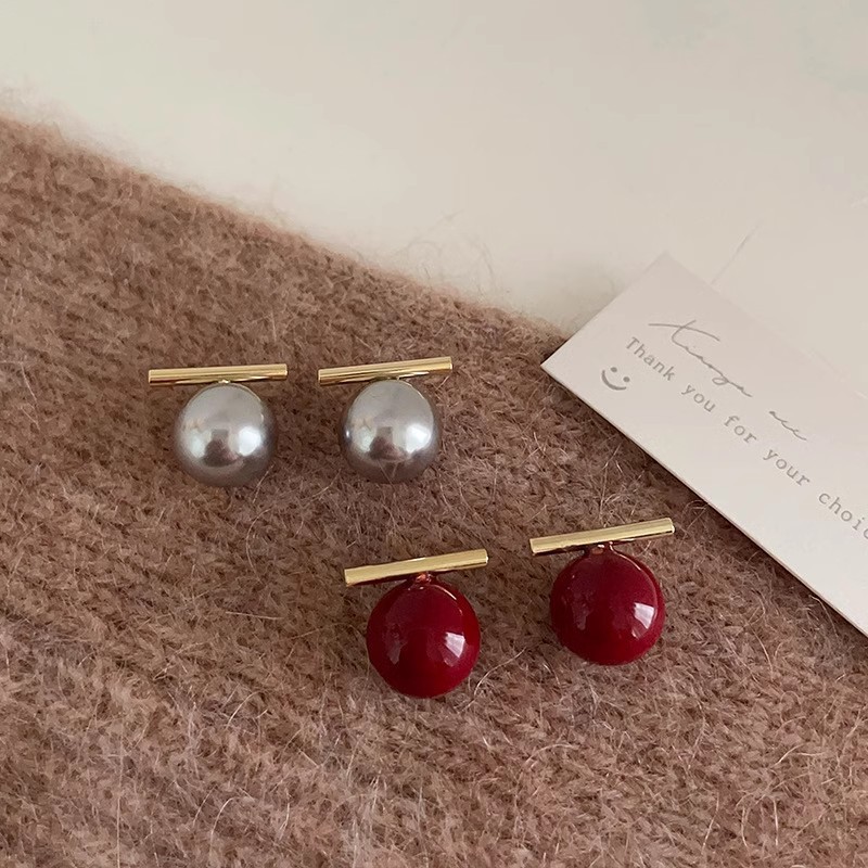 Ankola wine red stud women's retro Hong Kong-style earrings 2024 Autumn/Winter New bestsellers, high-end and elegant earrings Specification drawing