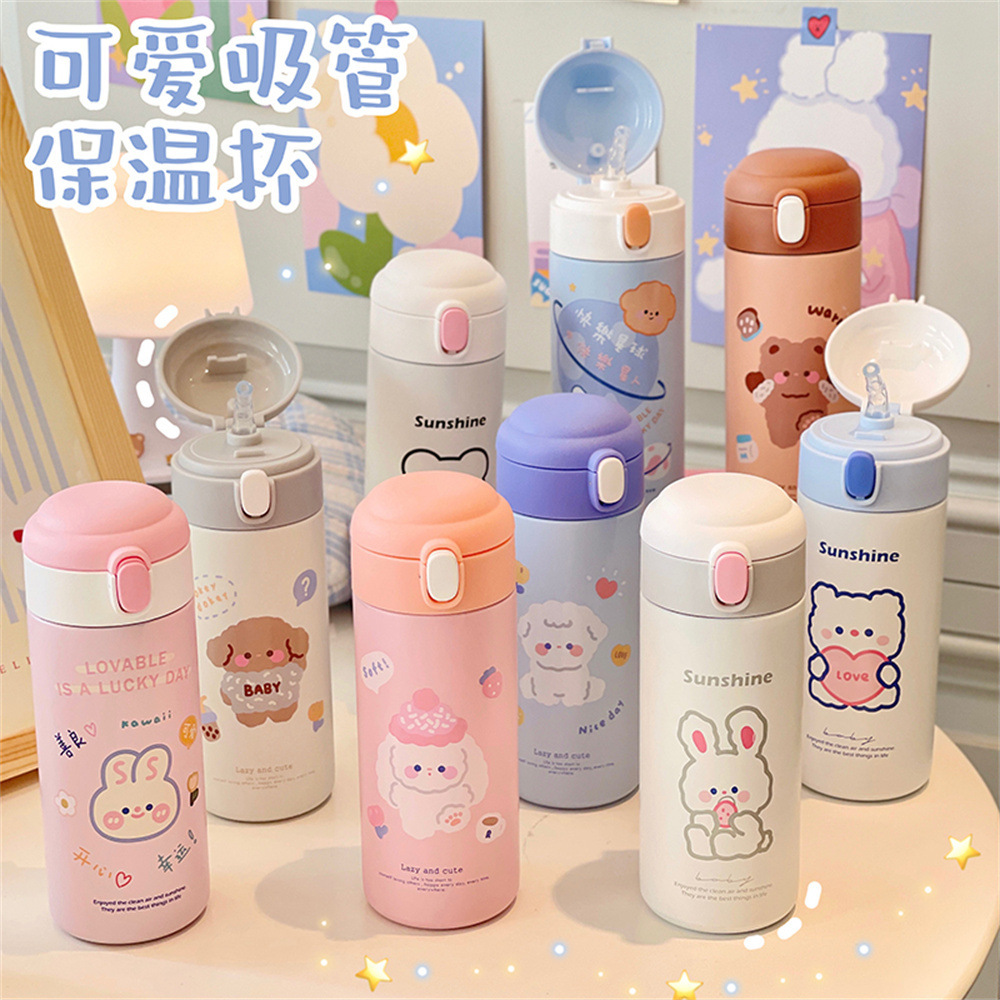 Cute bear straw cup, thermos flask, student cartoon bouncing and diving cup, ins style, girlish heart, custom-made thermos flask full figure