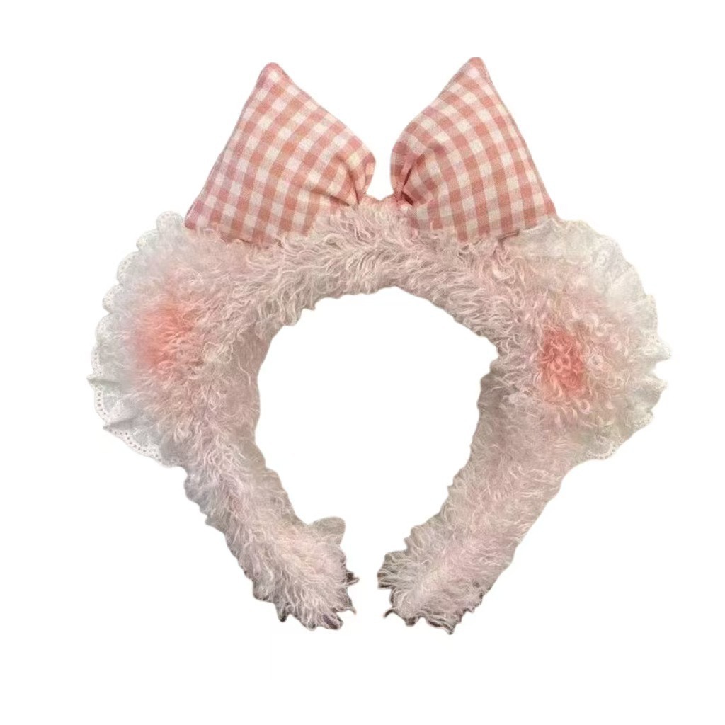 Sweet blush, little bear ears, bow, lace, face wash, hair band, women's makeup hair clip, cute plush headband, headwear Item Picture