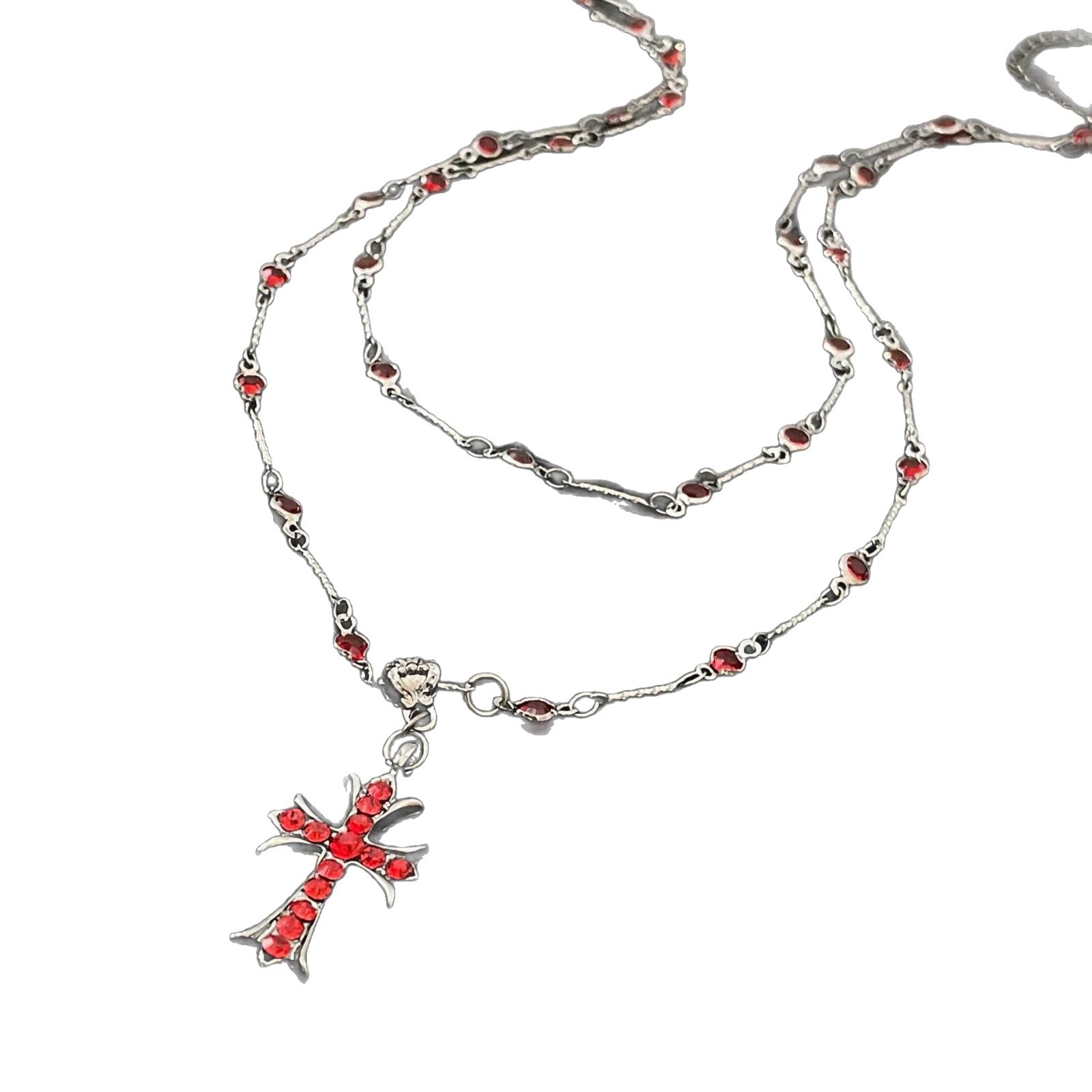 Red Cross pendant necklace, sweet and cool female style, unique collarbone chain, niche design sense, dark retro sweater chain Item Picture