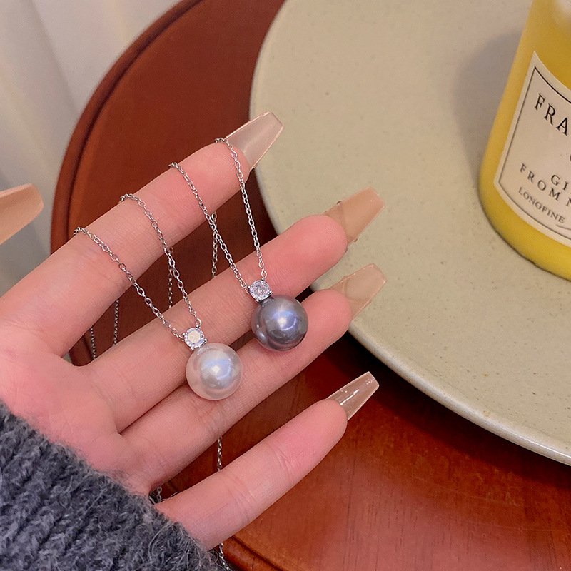 Grey pearl necklace for women, light luxury, niche and high-end, simple autumn and winter zircon pendant, collarbone chain, sweater chain accessory details Picture