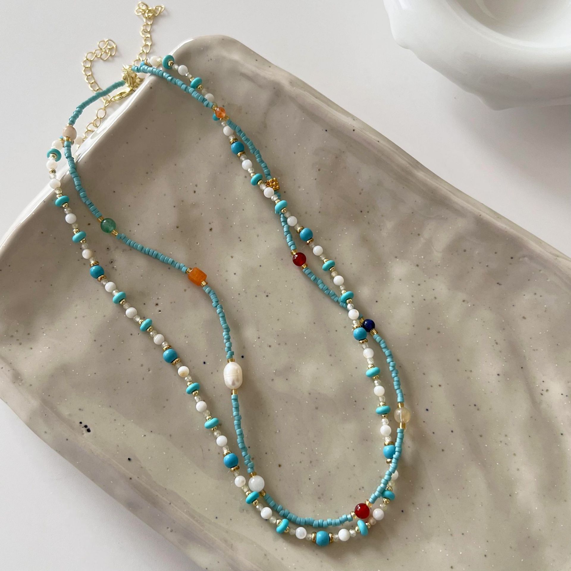 New Chinese-style turquoise pearl necklace for women, summer, fresh, colorful, fashionable and light luxury dopamine beaded collarbone chain full figure