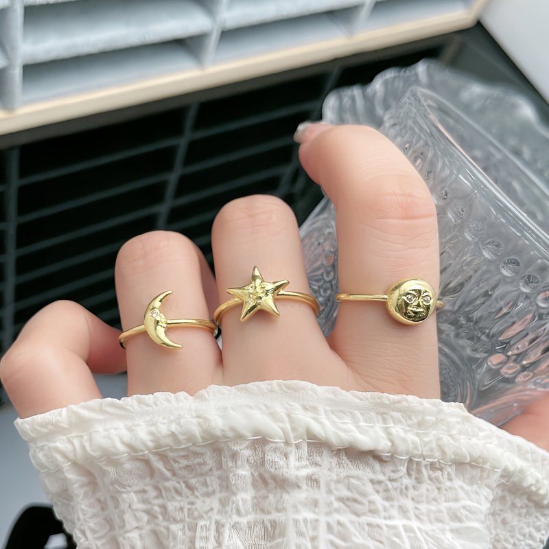 Simple and retro sun, star, moon, fashionable open ring, unique design for women, layering, niche and versatile ring details Picture