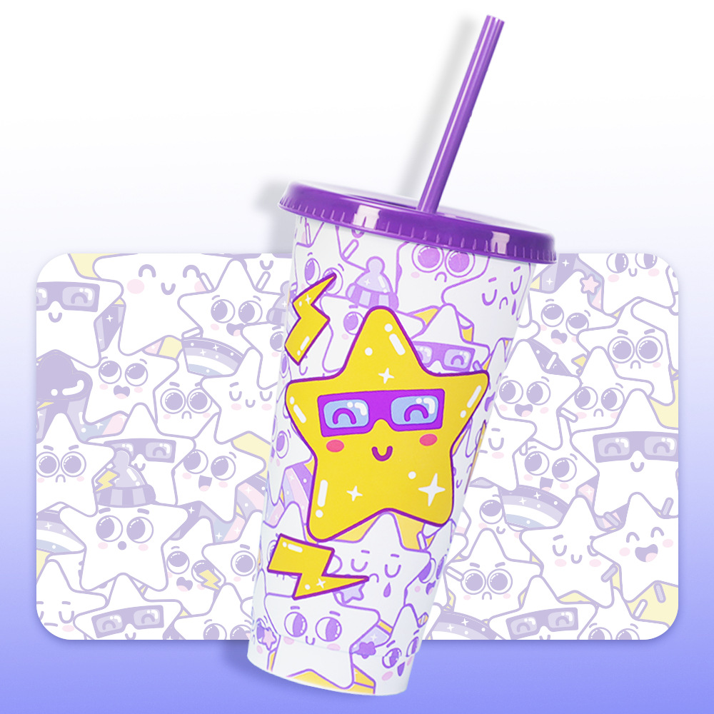 Factory stock: pp plastic with straw, cold-changing star cup, cartoon creative three-piece set, color-changing plastic water cup details Picture