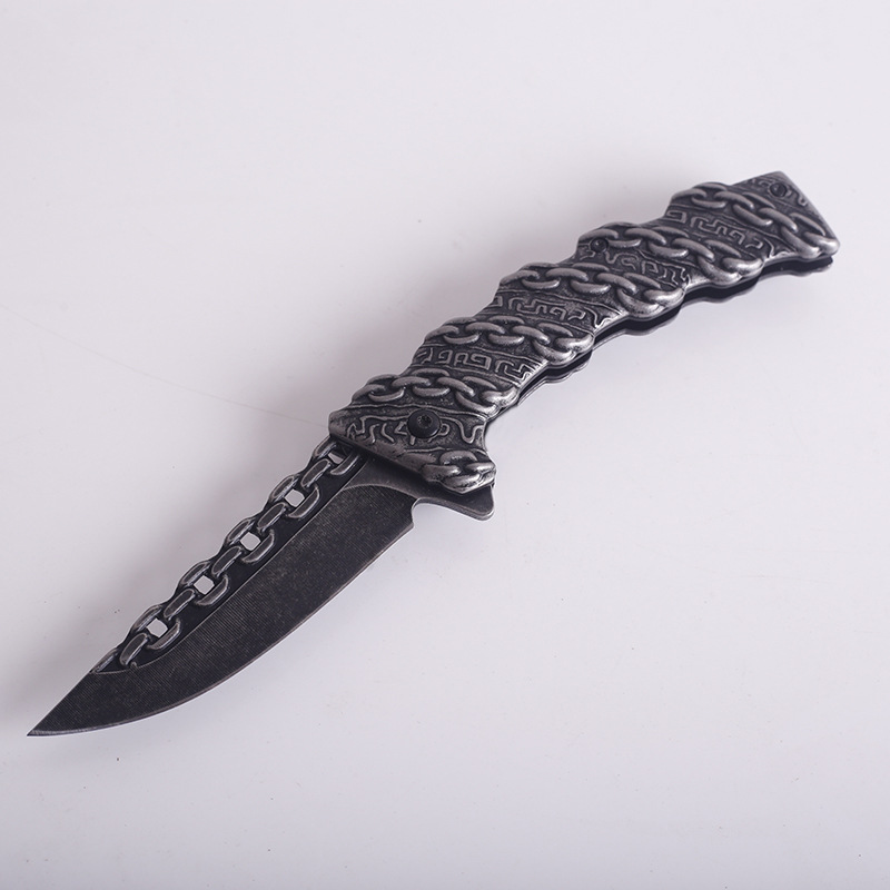 Embossed steel handle folding knife, stainless steel outdoor knife, wilderness survival tactical knife, mountain climbing portable camping knife Item Picture