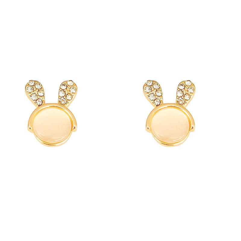 The small rabbit-head ear stud earrings from Dongdaemun, South Korea, are designed with a unique and distinctive cat's eye stone style. They are high-end and diamond-encdiamond earrings for women Item Picture
