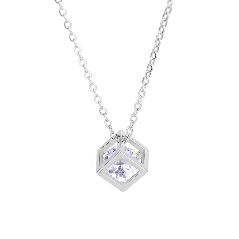 Three-dimensional square exquisite zircon pendant titanium steel necklace, a unique and high-end feminine charm, a fashionable collarbone chain accessory Item Picture