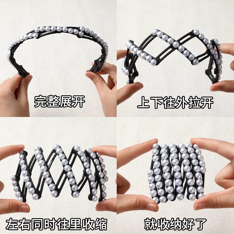 Pearl folding hairband for women 2024 New style facial cleansing headband, flowing hairpin, forehead clipping hair clip, summer headwear details Picture
