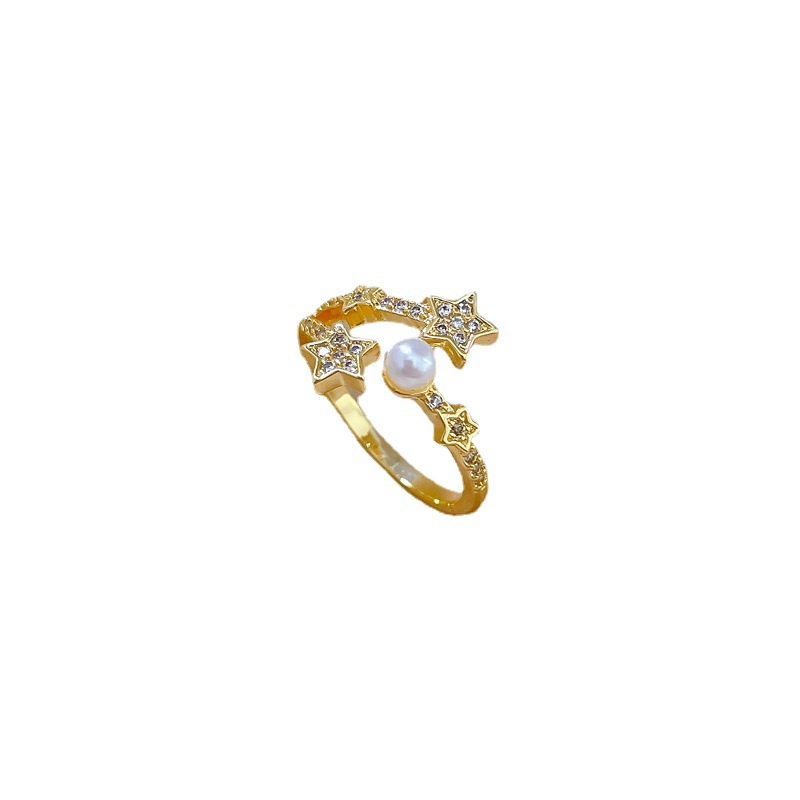 【 Real gold electroplating 】 Open star pearl fashionable slightly inlaid light luxury ring index finger ring, the same style as Internet celebrities, cold style Item Picture