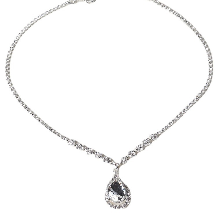 Korean-style fashionable wedding, dazzling diamond-filled water drop necklace, geometric bride's wedding accessories and earrings set N5571 Item Picture