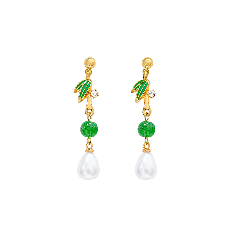 New Chinese-style retro bamboo leaf pearl earrings, long tassel for women, versatile and elegant mid-style stud earrings and earrings wholesale Item Picture